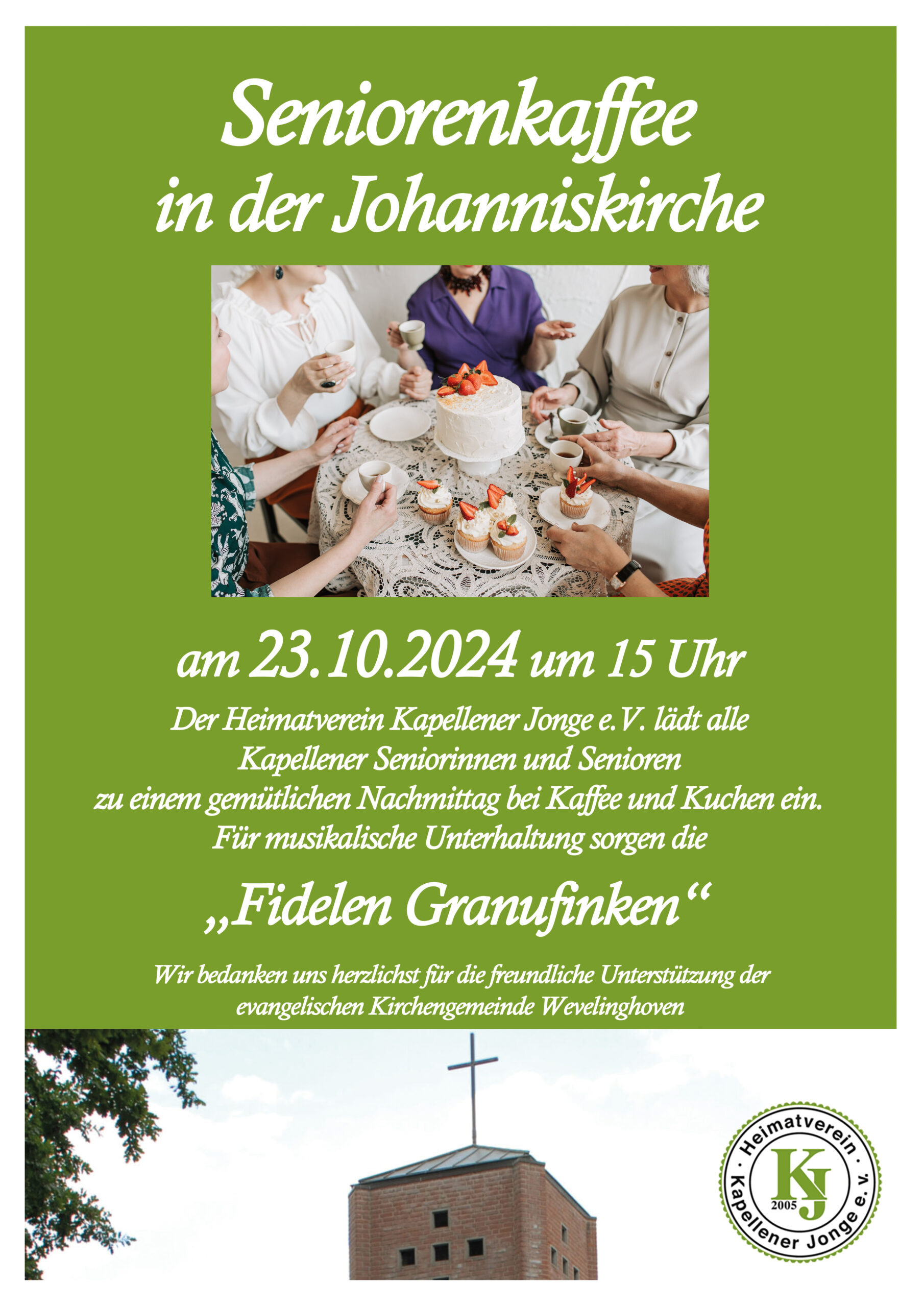 Unser Seniorenkaffee in der Johanniskirche. Mit den Fidelen Granufinken!Am 23.10.2024 um 15 Uhr.